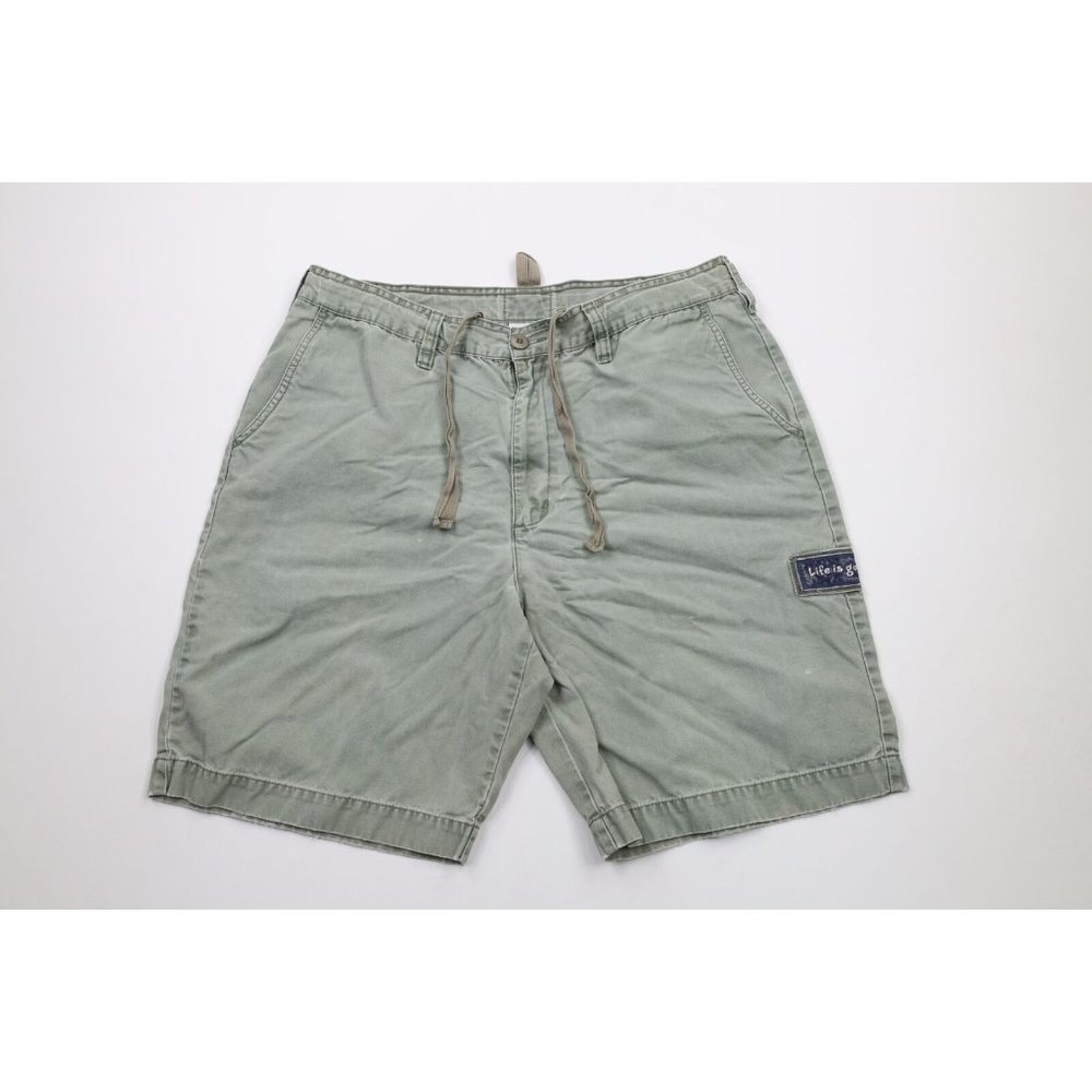Vintage Life Is Good Mens XL Distressed Spell Out Canvas Shorts Green Cotton